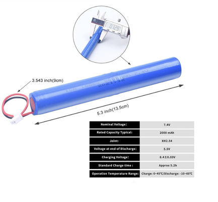 ICR18650 2S1P 7.4V 2000mAh リチウムイオン電池、サイクル寿命 500 回、過電流保護およびグレード A セル搭載
