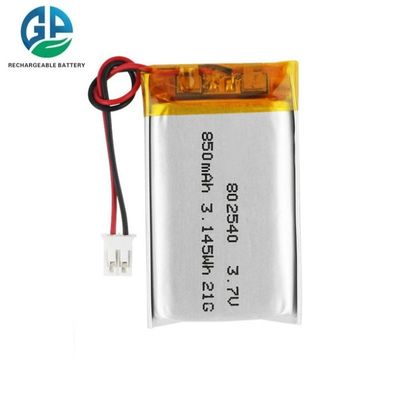 3.7V 850mAh KC IEC62133認証 リチウムポリマーバッテリー 802540サイズ 充電式リポバッテリー